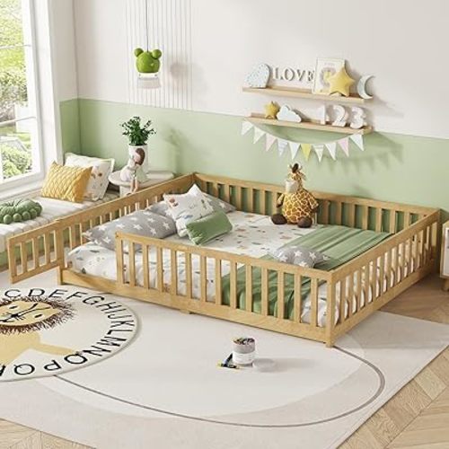 Queen Floor Bed with Safety Guardrails for Kids, Rubber Wood Montessori Bed with Slats and Convertible Door,Queen Size Bed Frame for Girls and Boys,No Box Spring Needed,Natural