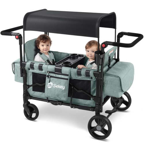 Sekey Wagon Stroller Luxury 4-in-1 Stroller Wagon with Convertible Seats, Adjustable Push Handles, Removable Canopy, Snack Tray & Cooler