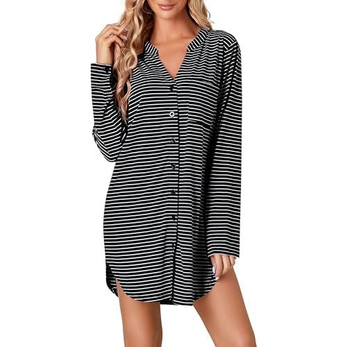 Vrtige Women's Striped Nightshirt Button Down Long Sleeve Nightdress Nightgown with Pocket