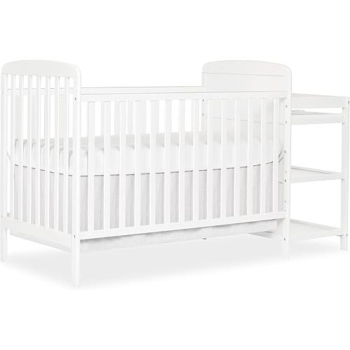Dream On Me Anna 3-in-1 Convertible Full-Size Baby Crib & Changer with Storage in White, GreenGuard Gold & JPMA, Pinewood, Converts to Day & Toddler Bed, 3 Mattress Heights, 1″ Changing Pad