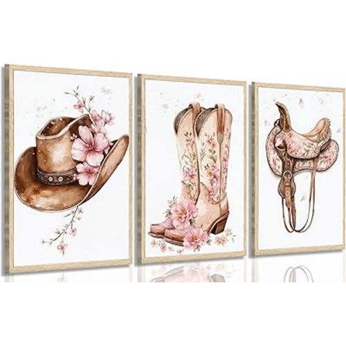 Tertiosh 3Pcs Western Cowgirl Wall Art Retro Western Flower Boots Hats Wall Decoration Pictures Girls Room Paintings Artwork Preppy Prints for Living Room Bedroom Dorm Decor 12x16in Poster