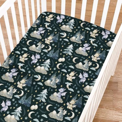 Fairytale Dragons Fitted Baby Crib Sheet for Girl Boy 52"x28" Cute Dragons Eggs Moon Stars Trees Crib Mattress Covers Soft Breathable Dreamy Animal Baby Sheet for Standard Crib & Toddler Bed Mattress