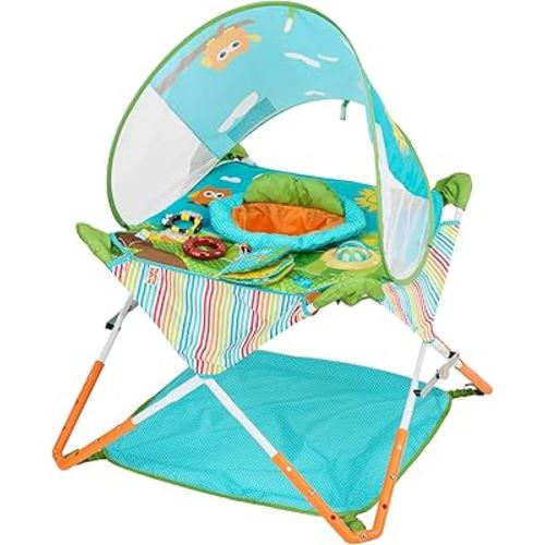 Bright Starts Pop 'N Jump Portable Baby Jumper, Foldable Indoor/Outdoor Baby Jumper with Owl Forest Sensory Activities, Ages 6–12 Months