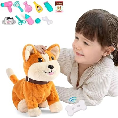Interactive Plush Dog Toy for Kids 3+, Voice Activate, Walking, Sitting, Barking Corgi Puppy with Accessories, Realistic Stuffed Animal Gift for Girls 3-6 Years Old