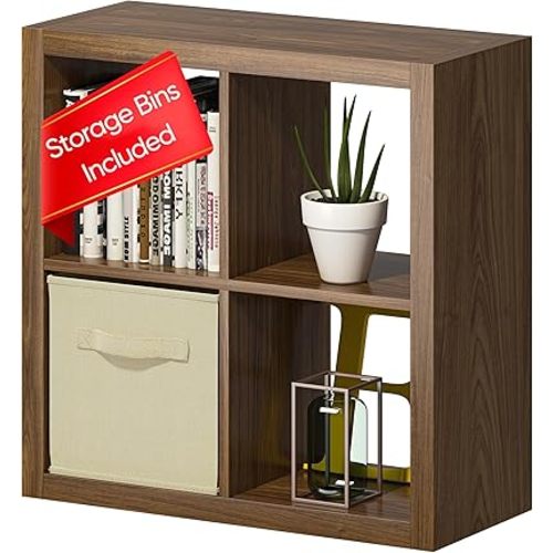 Bookshelf with Storage Bin, 4-Cube Storage Organizer, Modern Wood Open Bookcase, Multifunctional Display Shelf for Living Room, Bedroom, Home Office, Classic Oak