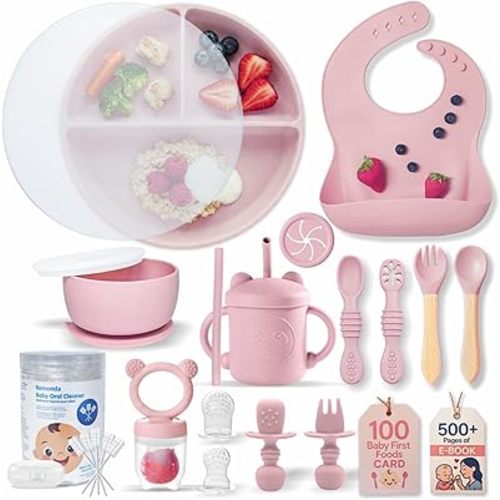 Remonda 23-Piece BPA-Free Silicone Baby Feeding Set | Extra Large Suction Plates, Toddler Bowls, Self Feeding Spoons, and More | Dishwasher Safe| Baby Led Weaning Supplies (Pink) B