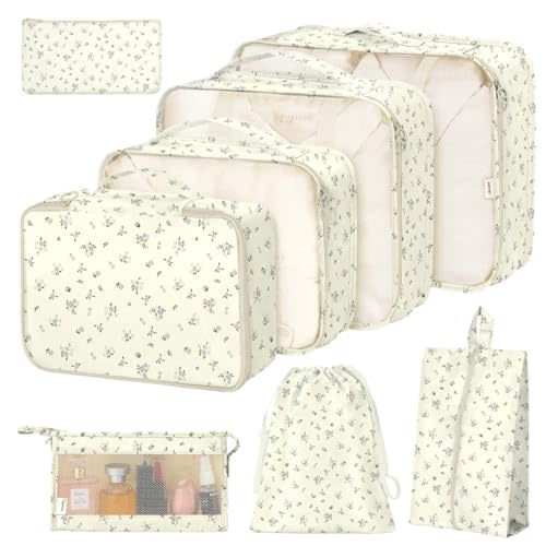 8 Set Packing Cubes for Suitcases, Packing Cube with Shoe, Cosmetics, Clothing, and Accessories Bags for Travel Luggage Organizer Women Men(Grey Flowers)