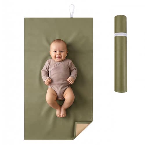 Portable Baby Changing Mat, Faux Leather, 30" x 17", Sage Green | Soft, waterproof PU diaper changing pad wipes clean and folds compactly for travel, diaper bags and everyday changes