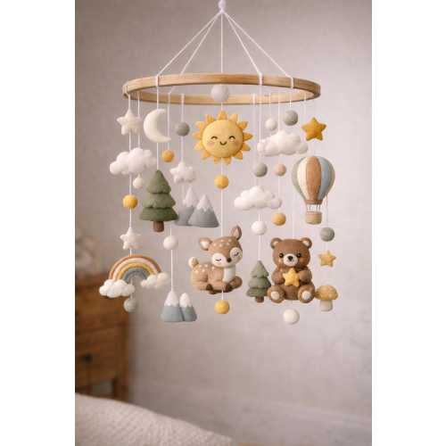Handmade Felt Baby Mobile with Woodland Animals & Hot Air Balloon – Nursery Decor, Neutral Baby Gift