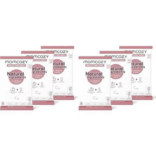 Momcozy Natural Breast Pump Wipes for Pump Parts Cleaning On-the-go, 30 Count (Pack of 6), Flash Clean & Resealable Pump Wipes