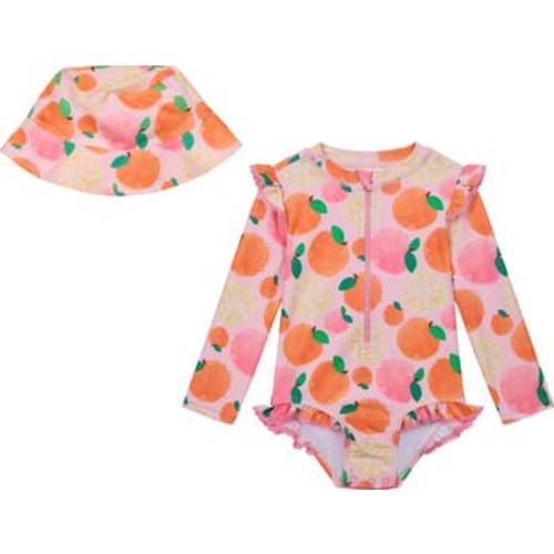 OSHKOSH BGOSH Ruffled Long Sleeve One-Piece Rashguard Swimsuit & Hat Set | Nordstromrack
