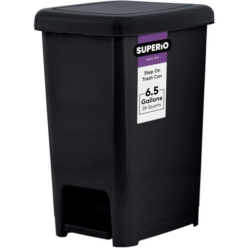 Superio Slim Step On Trash Can 6.5 Gallon, Black Waste Bin with Foot Pedal Lid 26 Liter, Kitchen, Under Desk, Office, Bedroom, Bathroom