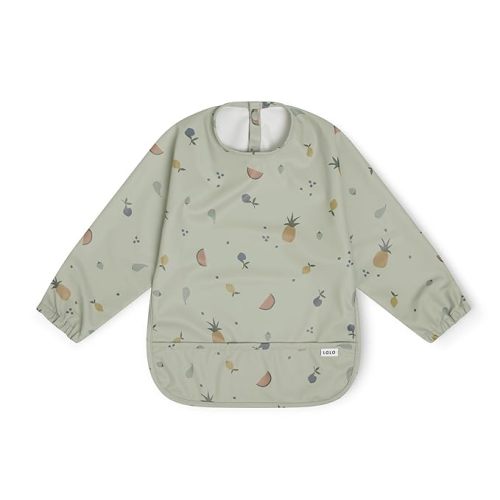 Lalo Smock Bib - Long Sleeve Bib for Infants and Toddlers - Elastic Cuffs, Large Catch-All Pocket, Waterproof Recycled Polyester - Easy to Clean for Mealtime and Art Time - Fruit Print Sage Infant