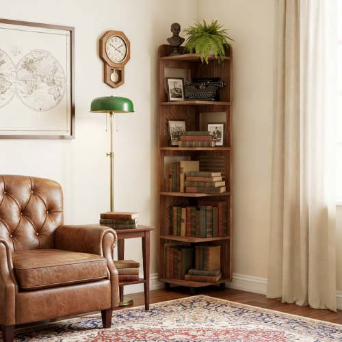 Finmind 71-Inch Rustic 6-Tier Corner Shelf Stand, Tall Narrow Corner Bookshelf Storage Rack, Plant Stand Display Shelf Organizer for Home and Office, Brown