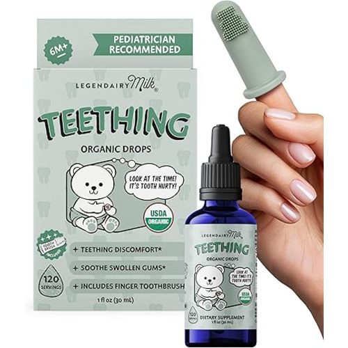 Organic Baby Teething Relief Drops with Silicone Toothbrush, Gum Relief for Babies & Toddlers 6 M+, Soothing Chamomile Clove Blend, Teething Gel Alternative, Sugar Free, 120 Servings, Legendairy Milk