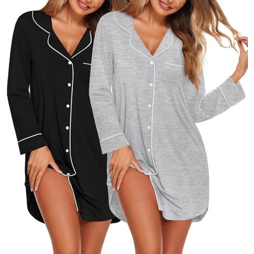 Ekouaer 2 Pack Nightgowns for Women Long Sleeve Night Shirt Button Down Sleep Shirt V-Neck Sleep Dress Pajama Sleepwear