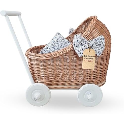 Natural Rattan Doll Stroller - Hand Made in Europe - Fits 17" Dolls & Plush Toys - Wicker Doll Pram & Baby Walker with Bedding Set - Perfect for Imaginative Play | Natural-Flower