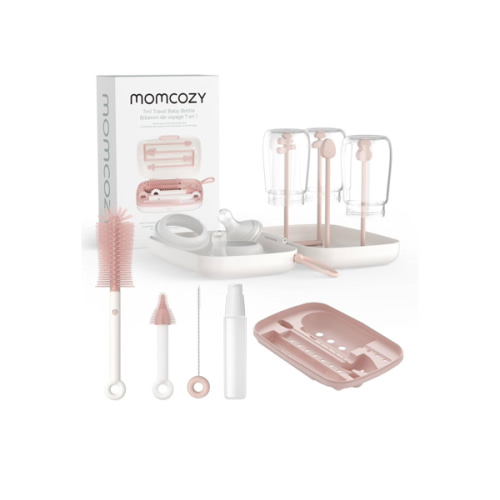 Momcozy Bottle Brush Set - Baby Bottle Cleaner Kit with Silicone Brush, Nipple Brush, Straw Brush, Soap Dispenser, Drying Rack - 7 in 1 Bottle Cleaning Tool for Home and Travel, Pink
