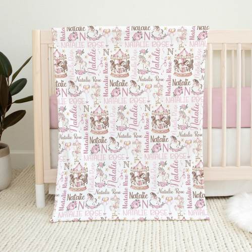 Pink Carousel Baby Girl Personalized Blanket, Girl Baby Name Blanket, Carousel Nursery Decor, Newborn Girl Gift, Carousel Baby Shower Gift