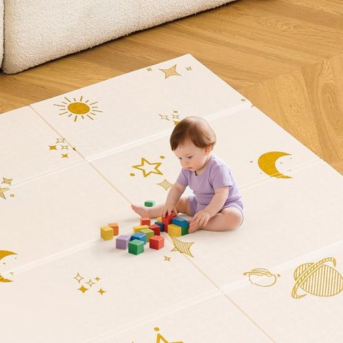 Baby Play Mat for Floor - 71" x 47" Foldable & Double-Sided Crawling Mat with Carry Bag, Non-Slip Waterproof Foam Playmat for Infants & Toddlers - Cosmo & Critters