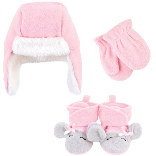 Hudson Baby Infant Girl Trapper Hat, Mitten and Bootie Set, Pink Gray Elephant