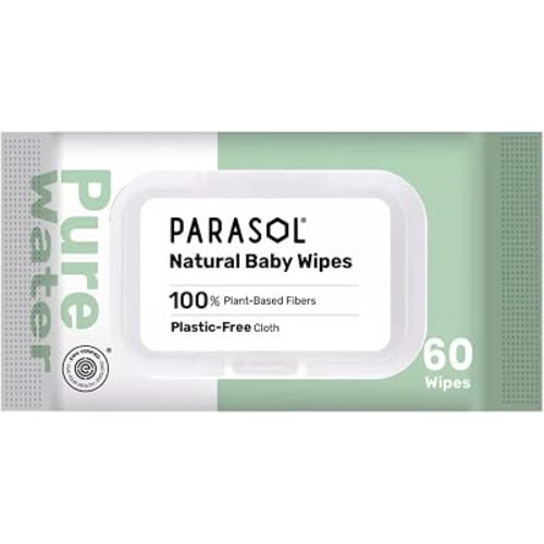 Parasol Pure Water Baby Wipes, 60 Count Soft Wipes, Plant Based Fiber Cloth, Plastic Free Wipe Material, Convenient Flip Top Pack, Everyday Baby Care and Household Use