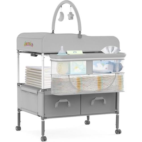 Baby Changing Table Portable Diaper Changing Station with Storage Drawers Adjustable Height