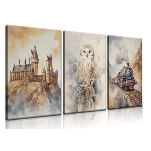 3Pcs Magic Nursery Wall Art Express Train Snowy Owl Magic Castle Painting Wall Decor Magic Canvas Neutral Watercolor Poster Print Artwork for Kid Baby Nursery Home Decoration 12X16in Framed