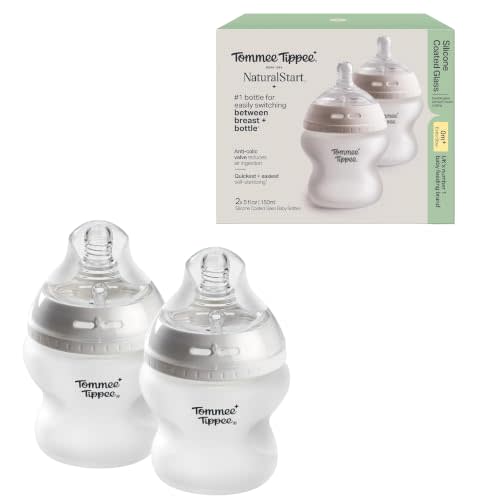 Tommee Tippee Silicone Coated Glass Baby Bottles, Anti-Colic, 0m+, 5oz | Pack of 2, Slow Flow Breast-Like Nipple, Shatter-Proof Glass, BPA Free