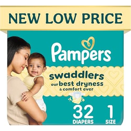 Pampers Swaddlers Diapers, Size 1 (8-14 lbs), 32 Count, Hypoallergenic, Absorbent, Keeps Baby Dry and Comfortable, Skin Safe Disposable Newborn Baby Diaper