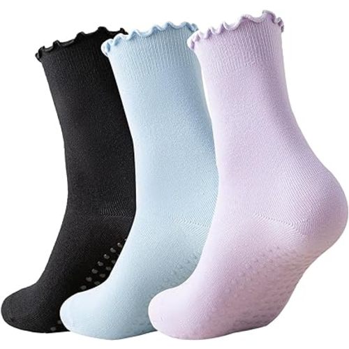 3 Pairs Pilates Socks with Grips Non-slip Ruffle Yoga Sock Grip Sock for Women
