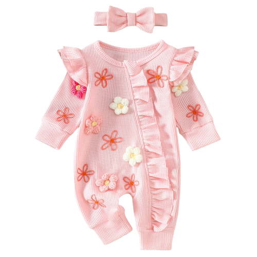 WUANDIXFA Baby Girl Fall Winter Outfits Clothes Knit Jumpsuit Ruffle Romper Coming Home Outfit for Baby Girl (Pink, 6-12 Months)