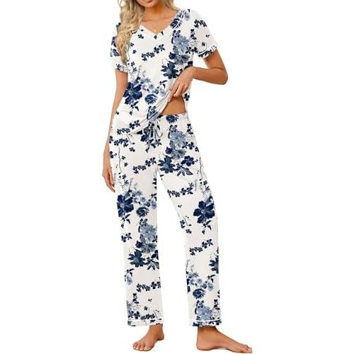 Ekouaer Pajamas for Women Set 2 Piece Lounge Set Soft Pajama Sets Short Sleeve and Pants Pj Sets Loose Sleepwear with Pockets