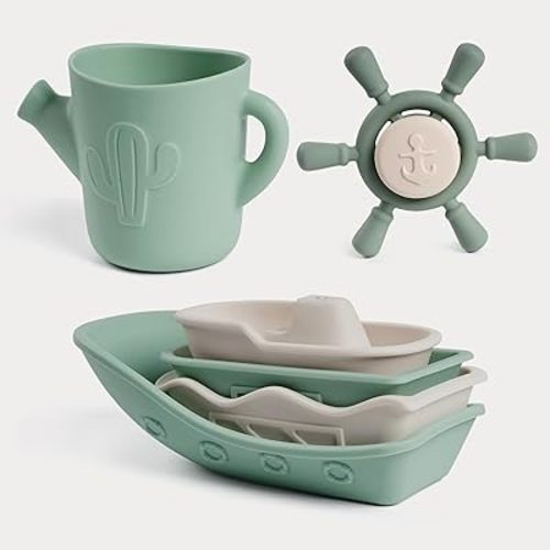 Haakaa Nautical Silicone Baby Bath Toys Set, Food Grade Silicone Bathtub Toys for Toddlers, Mold-Free Stacking Boats & Spinner Toy & Pouring Cup, BPA Free Floating Tub Toys for Baby 6M+