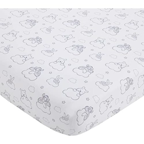 Disney Winnie The Pooh Hello Sunshine Grey & White Cloud Nursery Fitted Crib Sheet with Piglet & Tigger, Grey, White