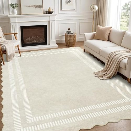 Washable 8x10 Area Rugs for Living Room, Solid Ivory Ultra-Thin Bedroom Rug Non-Slip Dining Room Rugs, Soft Scalloped Carpet for Nursery Kids Room Office