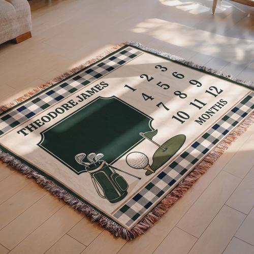 Personalized Golf Milestone Blanket, Baby Month Photo Mat, Green Plaid Nursery Keepsake, First Year Tracker
