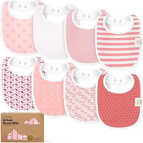 8-Pack Organic Baby Bibs for Boys, Girls - Soft Cotton Drooling and Teething Bibs for Baby Girl & Boy, Extra Absorbent, Easy to Clean & Put On for Toddler, Newborn, Infant 0-24 Months (Blush)