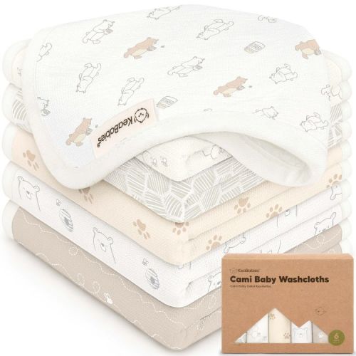 KeaBabies 6-Pack Cami Baby Washcloths for Newborn, 10x10 Organic Cotton Face Wash Cloths for Babies, Soft & Absorbent Baby Bath Towels (Bumble Bear)