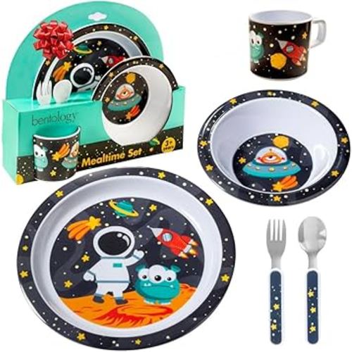 Bentology 5 Pc Mealtime Set for Kids - Space Theme -Includes Raised Edge Plate & Bowl, Cup, Metal Fork & Spoon -Dishwasher Safe, BPA Free- Cute Dish, Easy Self-Feeding- XMAS Holiday Gift for Toddlers