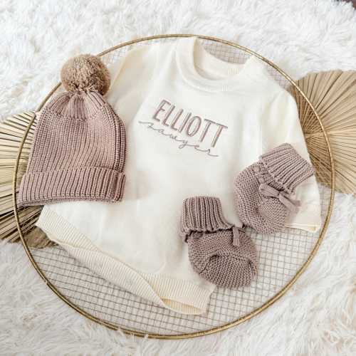 Newborn Cotton Embroidered Romper, Baby Hat and Bootie Set, Personalized Name Outfit for New Born, Boy Hospital Outfit, Cotton Baby Outfit