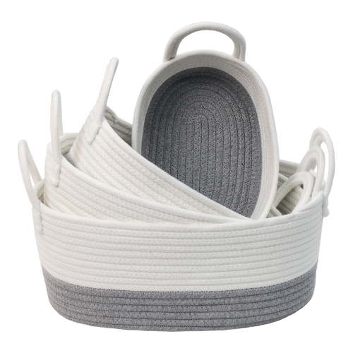 Caroeas 4-Piece Cotton Rope Baskets, Shelf Baskets for Organizing Shelves, Woven Decorative Basket, Nesting Bins for Baby Nursery and Toys, White and Gray (4 Sizes)