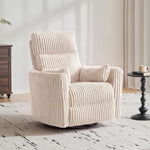 LINSY 220° Swivel Electric Power Recliner Chair, Corduroy Nursing Rocker with USB & Type-C, High Back Adult Comfort Chair with 2 Pillows, Space-Saving for Nursery, Bedroom, Living Room(Beige)