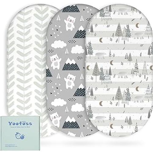 Yoofoss Bassinet Sheets for Baby,3-Pack Fitted Bassinet Sheets Set Compatible with Halo Bassinest Swivel Sleeper,Baby Delight,Angelbliss,Soft Breathable Bassinet Mattress Sheets(Grey+Bear)
