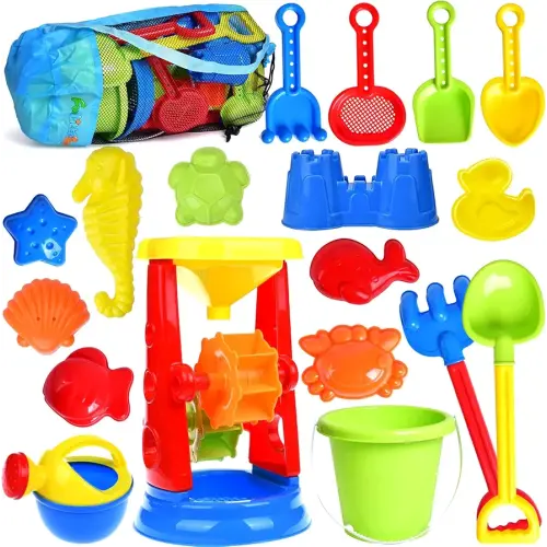 Beach Toys, 19 Piece Sand Toys Set Kids Sandbox Toys Includes Water Wheel Beach Tool Kit Bucket Watering Can Molds with Mesh Bag for Kids Ages 3-13