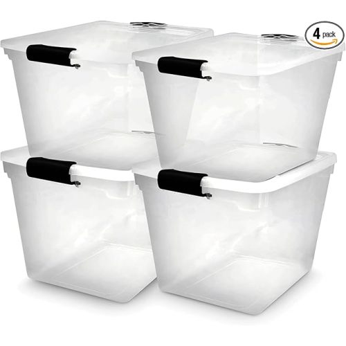 HOMZ 4-Pack 31 Quart Latching Lid, Clear Plastic Storage Organizer Bins, Gray – Stackable Containers for Home & Office Shelves, Kitchen, Garage, and Bathroom Organization