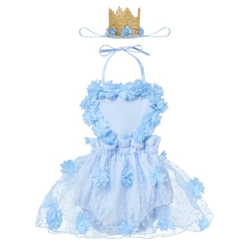 ODASDO Baby Girl's First Birthday Cake Smash Outfit Halter Neck 3D Flower Tulle Romper Dress with Headband 2pcs Set