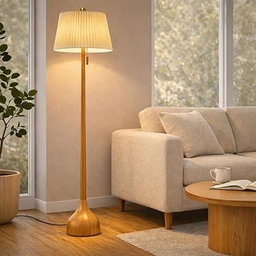 MOFFE 65" Mid Century Modern Vintage Real Wood Floor Lamp with 2 Shades for Two Looks,Sculptural Standing Lamp with Teardrop Base & Wooden Pull Chain for Living Room Bedroom Sofa Side (Bulb Included)