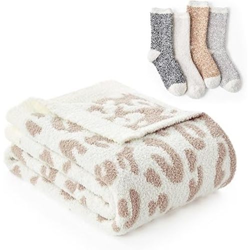 Snuggle Sac Leopard Throw for Couch, Beige 50x60 inches and Fuzzy Socks Set 4 Pairs
