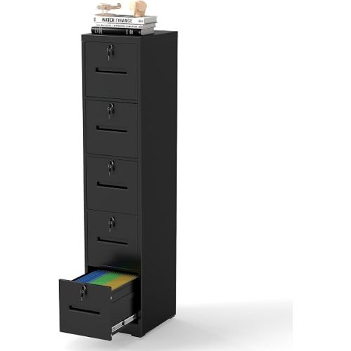 File Cabinet 5 Drawer with Lock, Vertical Filing Cabinets for Home Office, Metal Steel Storage Cabinet for Letter/Legal Size File, Assembly Required(Black)